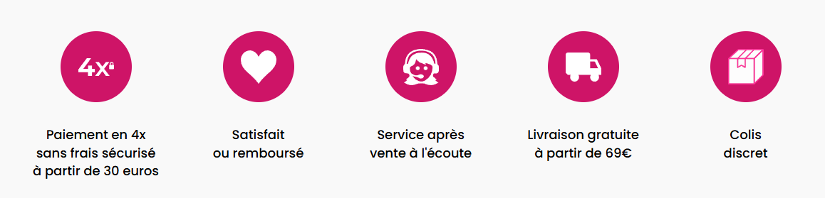 Services Concorde Love : paiement 4x sans frais dès 30€, satisfait ou remboursé, service après vente, livraison gratuite dès 69€, colis discret